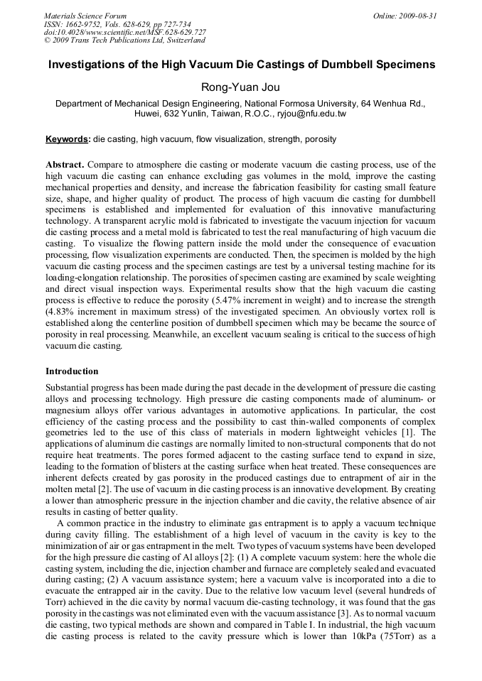 Investigations of the High Vacuum Die Castings of Dumbbell Specimens