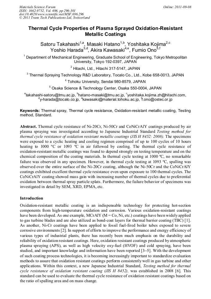 Thermal Cycle Properties of Plasma Sprayed OxidationResistant Metallic