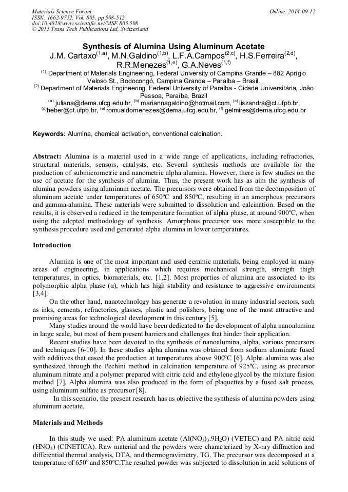 Synthesis of Alumina Using Aluminum Acetate