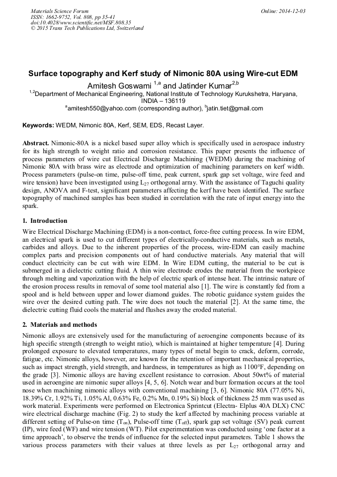 Surface Topography and Kerf Study of Nimonic 80A Using WireCut EDM