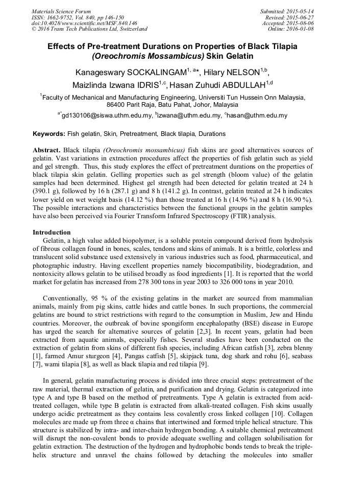 Effects of PreTreatment Durations on Properties of Black Tilapia (Oreochromis mossambicus) Skin