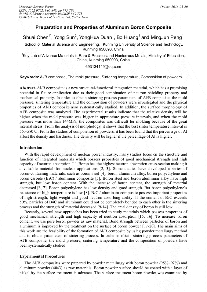 Preparation and Properties of Aluminum Boron Composite