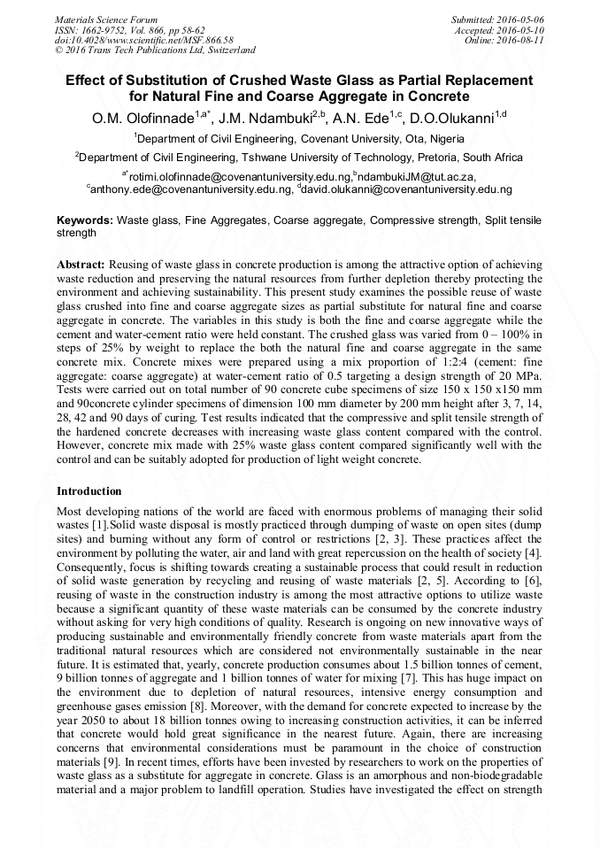 Effect of Substitution of Crushed Waste Glass as Partial Replacement