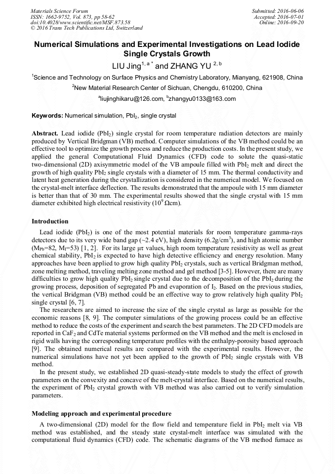 Numerical Simulations and Experimental Investigations on Lead Iodide