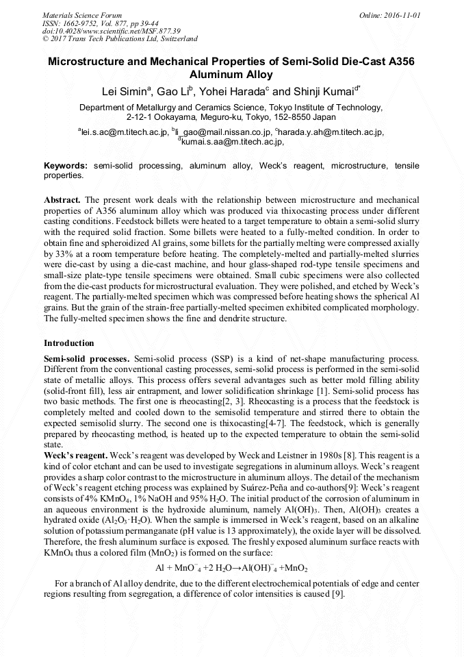 Microstructure and Mechanical Properties of SemiSolid DieCast A356 Aluminum Alloy