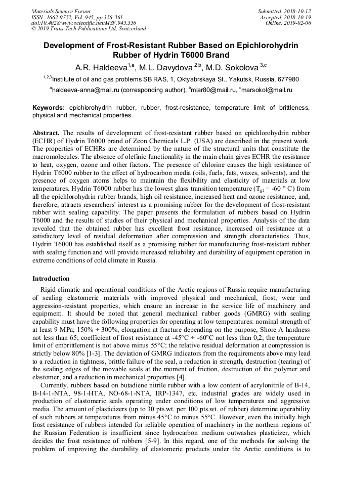Development of FrostResistant Rubber Based on Epichlorohydrin Rubber