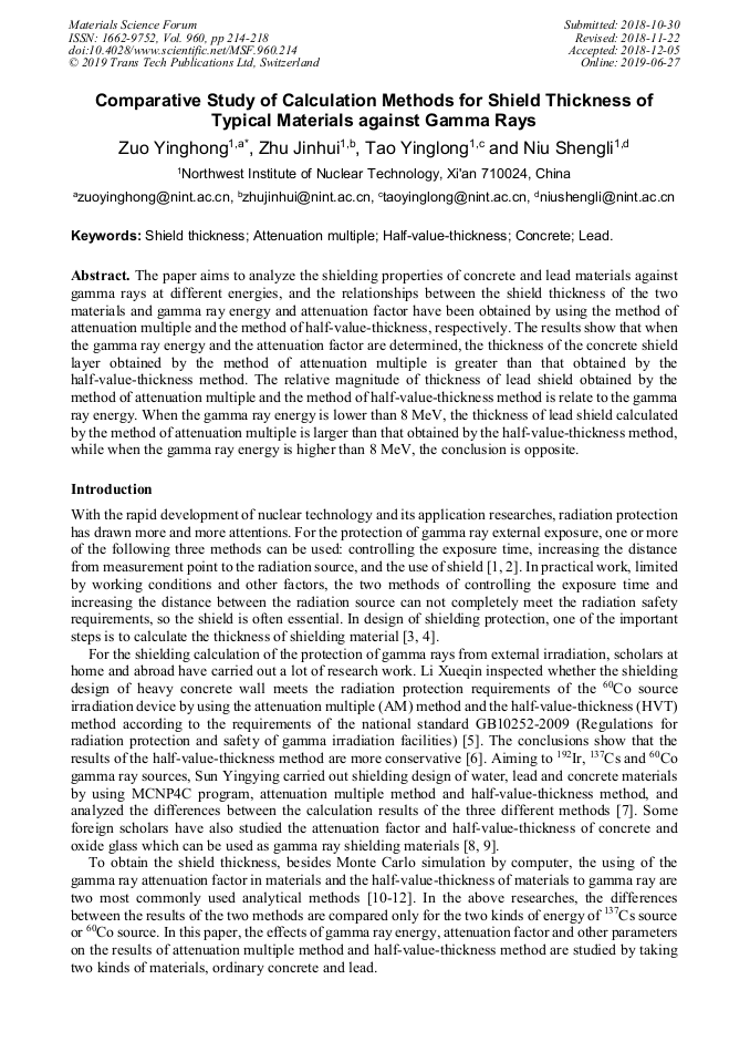 Comparative Study of Calculation Methods for Shield Thickness of