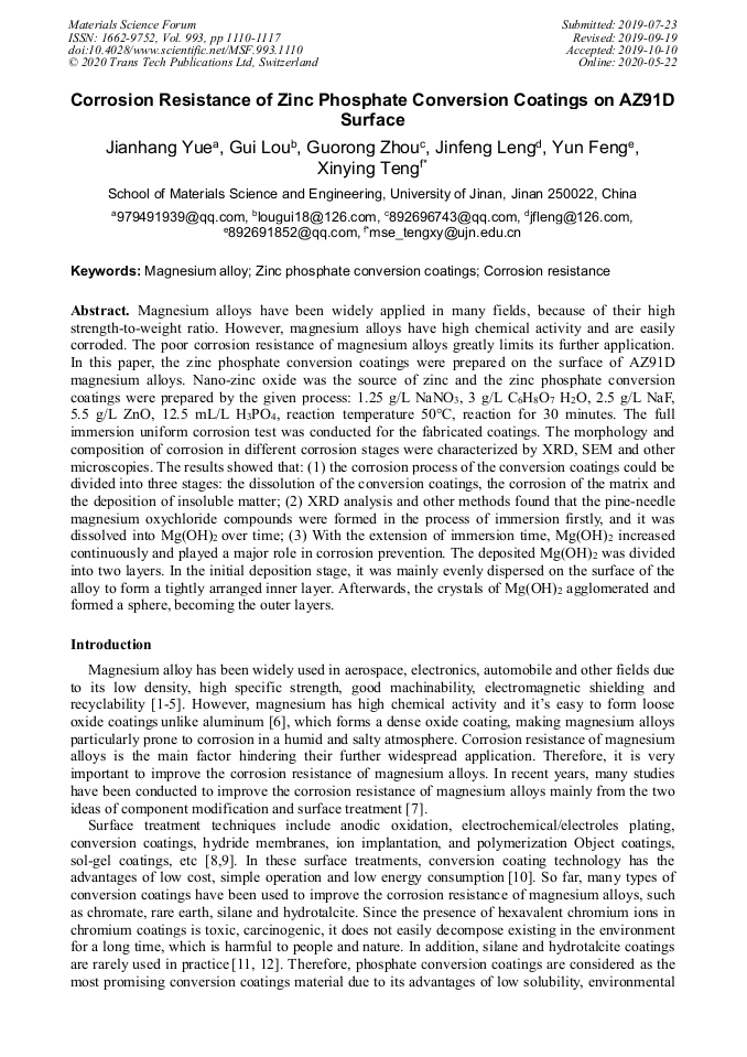 Corrosion Resistance of Zinc Phosphate Conversion Coatings on AZ91D