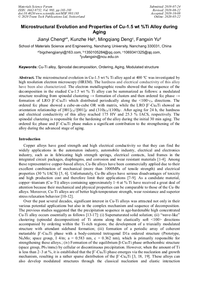 Microstructural Evolution and Properties of Cu1.5 Wt Ti