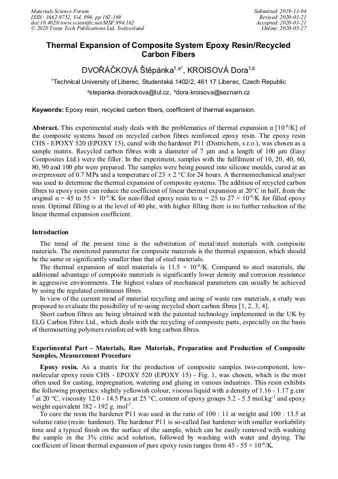 Thermal Expansion of Composite System Epoxy Resin/Recycled Carbon