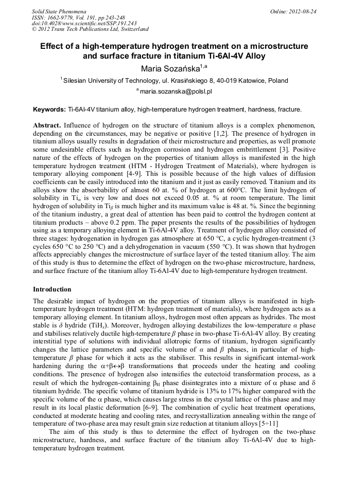 Effect of a HighTemperature Hydrogen Treatment on a Microstructure and