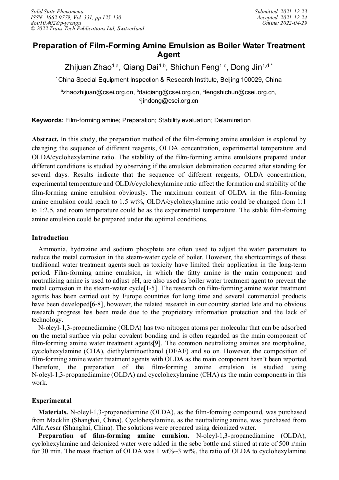 Preparation of FilmForming Amine Emulsion as Boiler Water Treatment