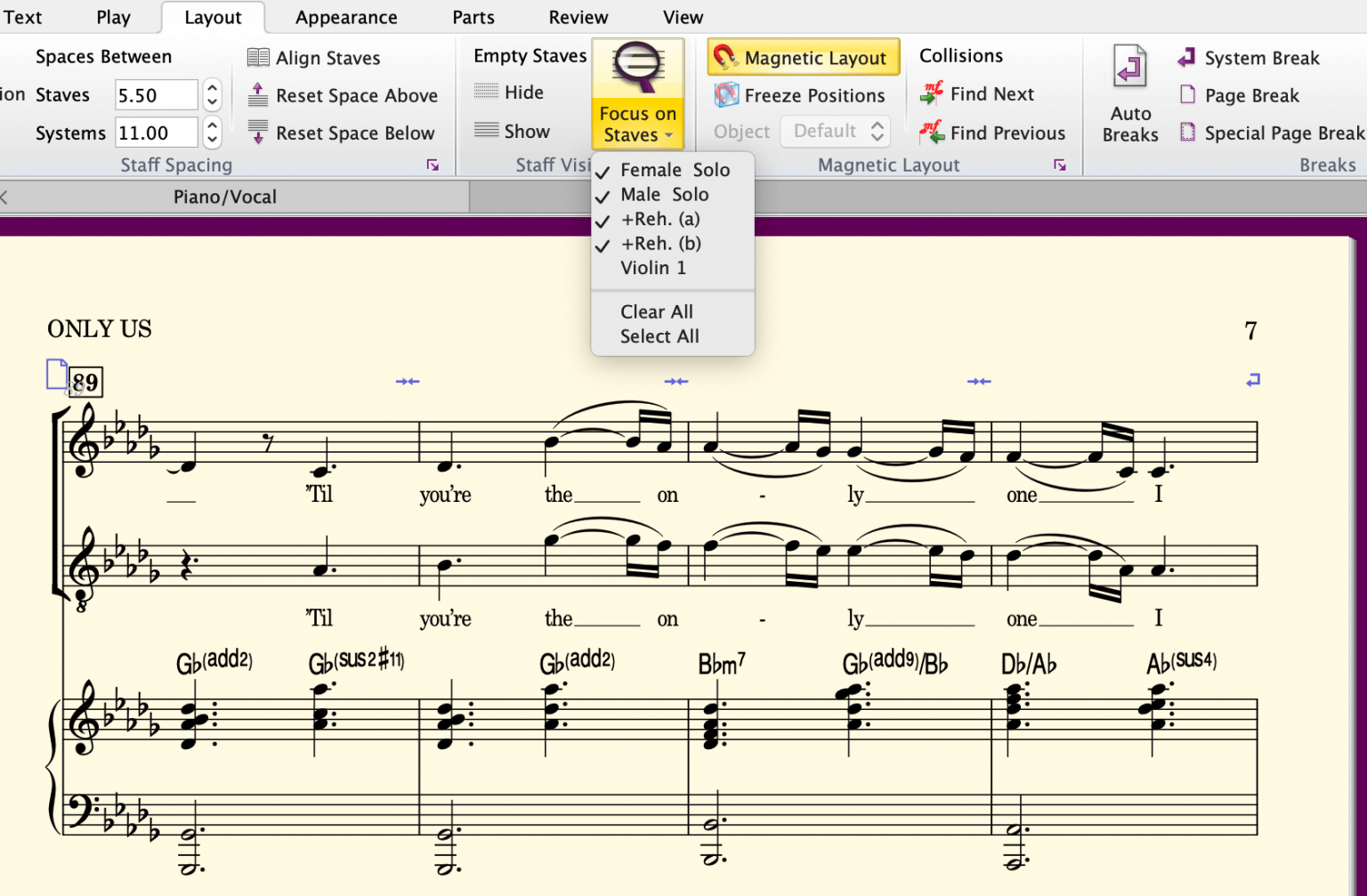 The focus is on staves with the Sibelius 2020.9 update Scoring Notes