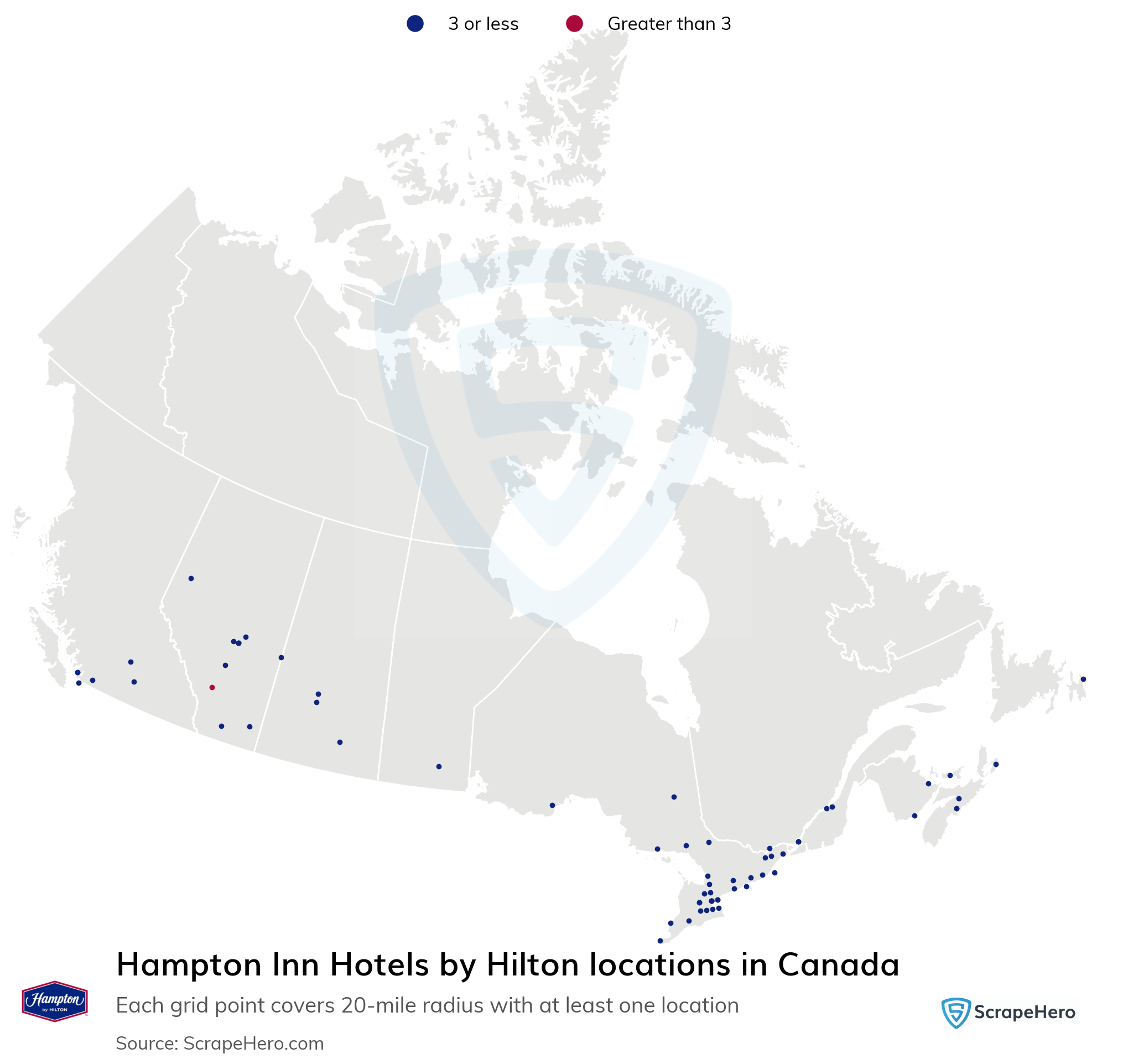 Number of Hampton Inn Hotels by Hilton locations in Canada in 2024