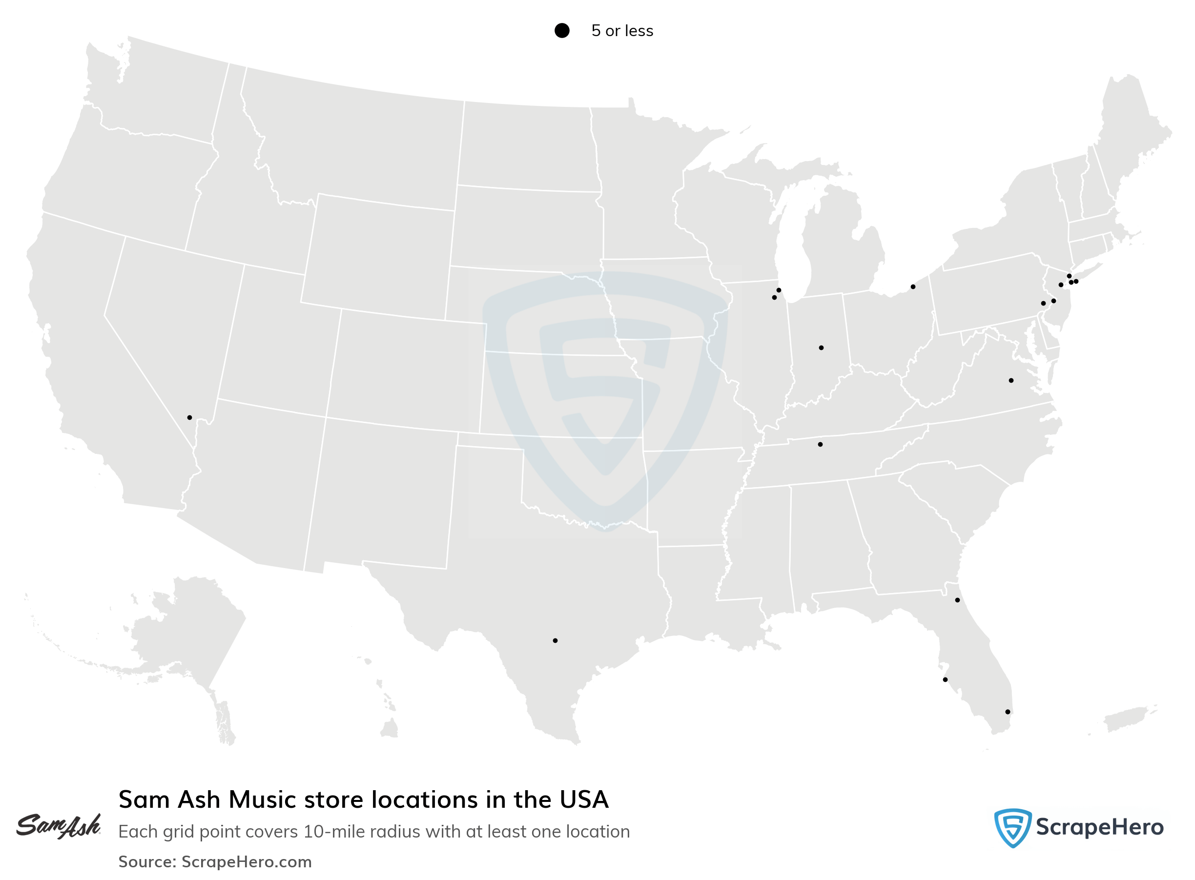 Number of Sam Ash Music locations in the USA in 2024 ScrapeHero