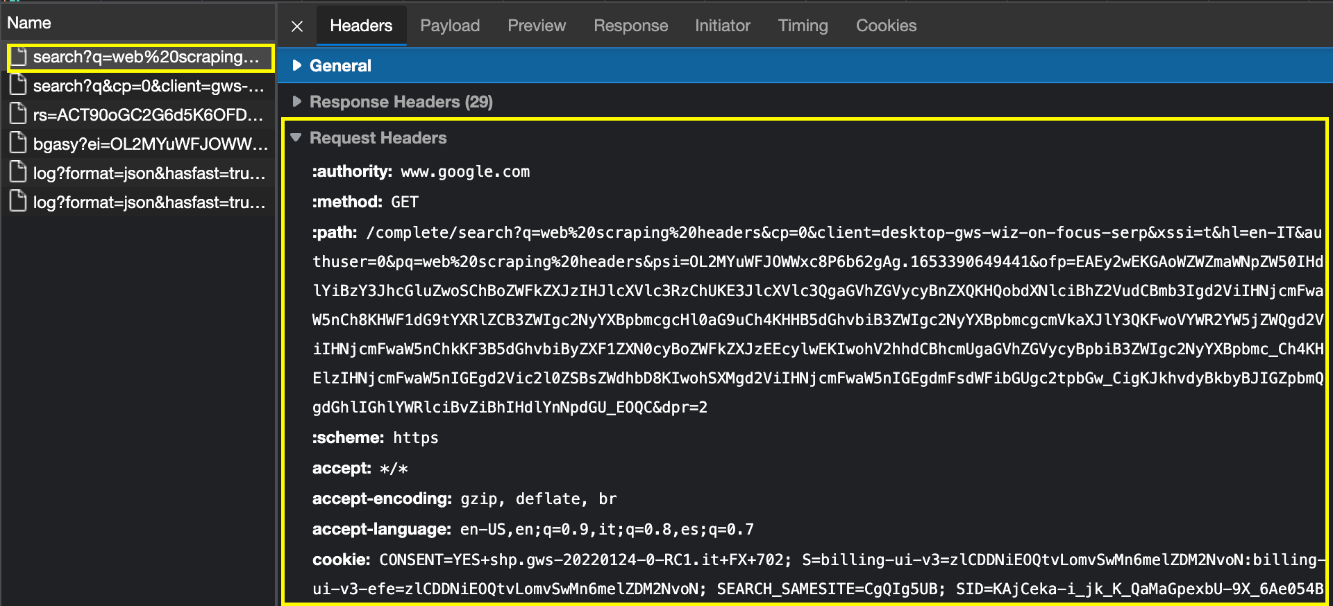 How to Grab HTTP Headers and Cookies for  Scraping