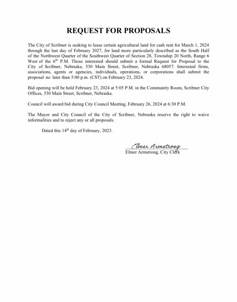 Ag Land Up For Bid City of Scribner, Nebraska Dodge County Small
