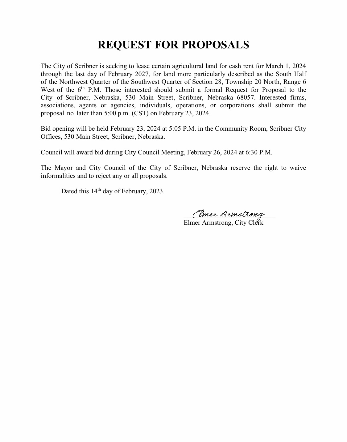 Ag Land Up For Bid City of Scribner, Nebraska Dodge County Small