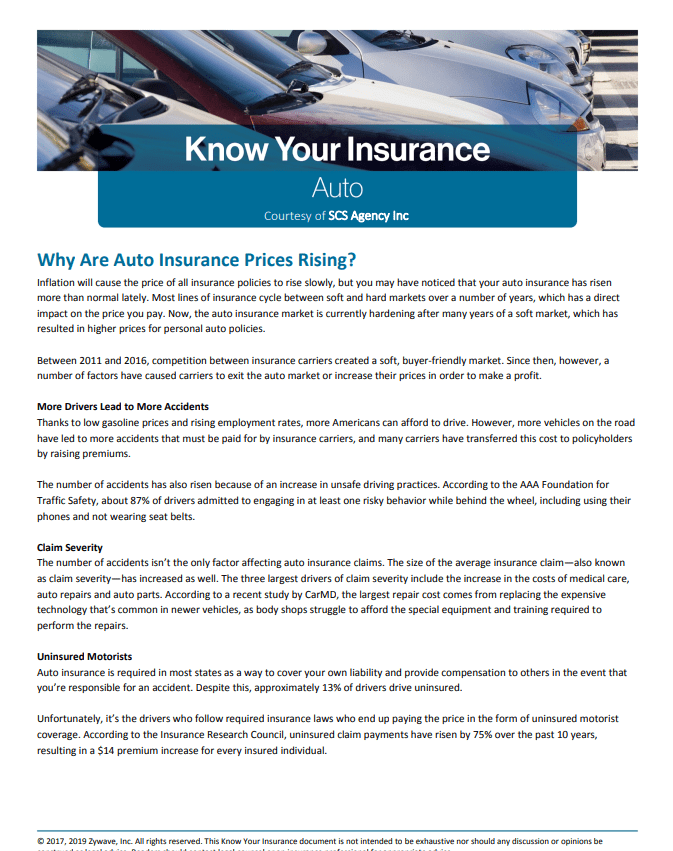 Know Your Insurance Why Are Auto Insurance Prices Rising? SCS Agency Insurance