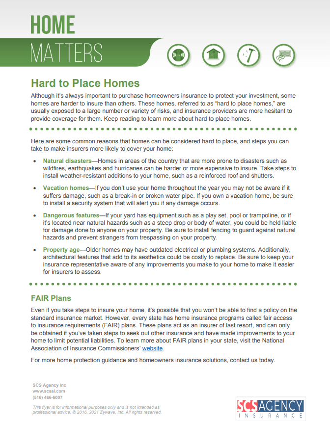 Home Matters Hard to Place Homes SCS Agency Insurance