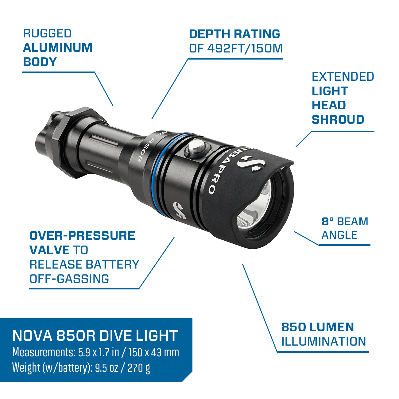 Scubapro Nova 850R Dive Light W/O Battery and Charger 30.228.002