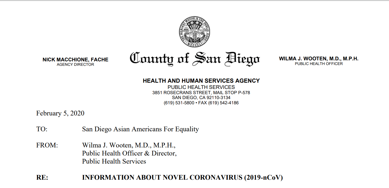Letter from Health and Human Services Agency (Feb 5, 2020) San Diego