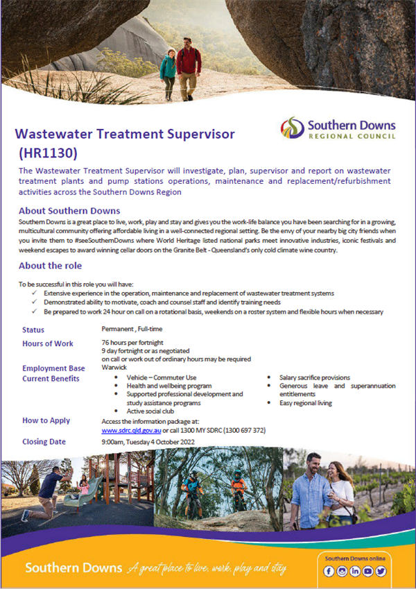 HR1130 Wastewater Treatment Supervisor Southern Downs Regional Council