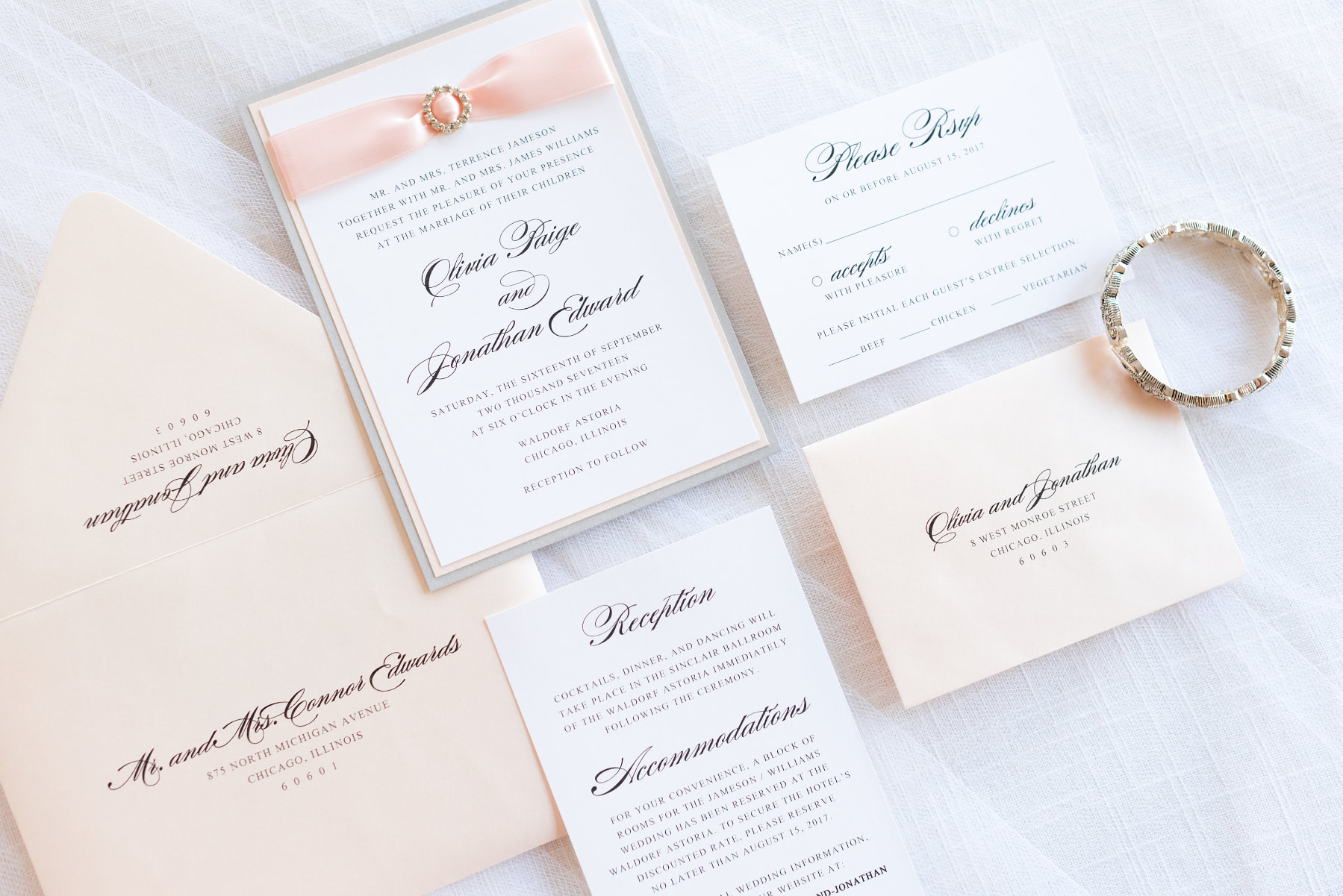 elegant & formal wedding invitation with satin ribbon and rhinestone
