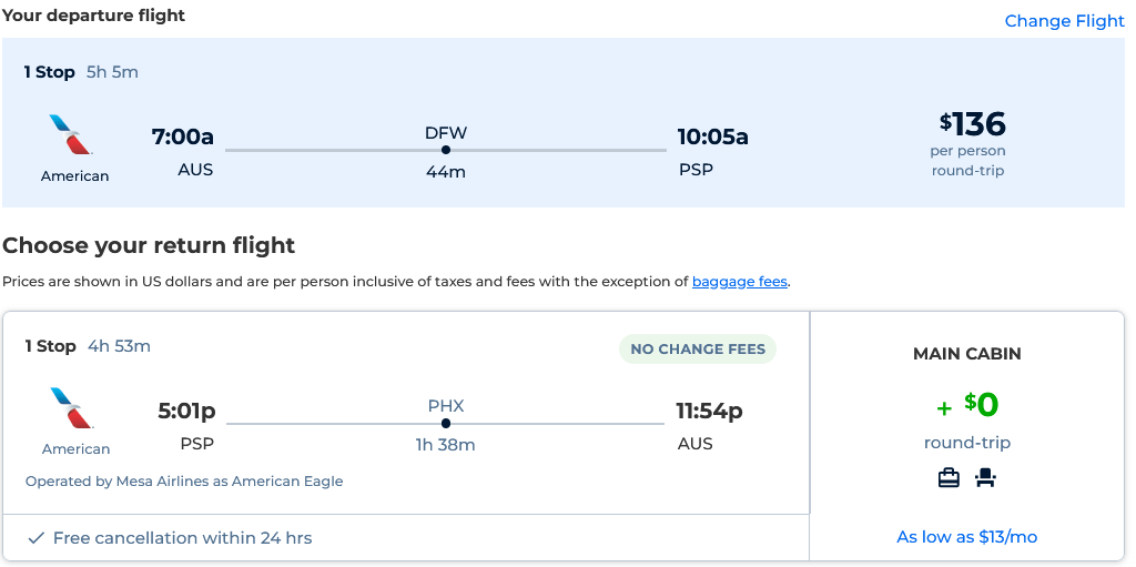 Austin, Texas to Palm Springs, California (& vice versa) for only 136