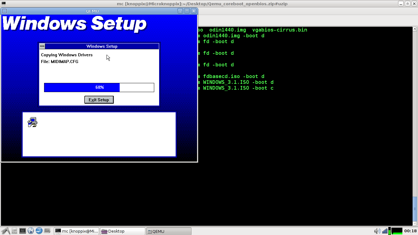 How to install FreeDOS and Windows 3.1 in qemu. This is