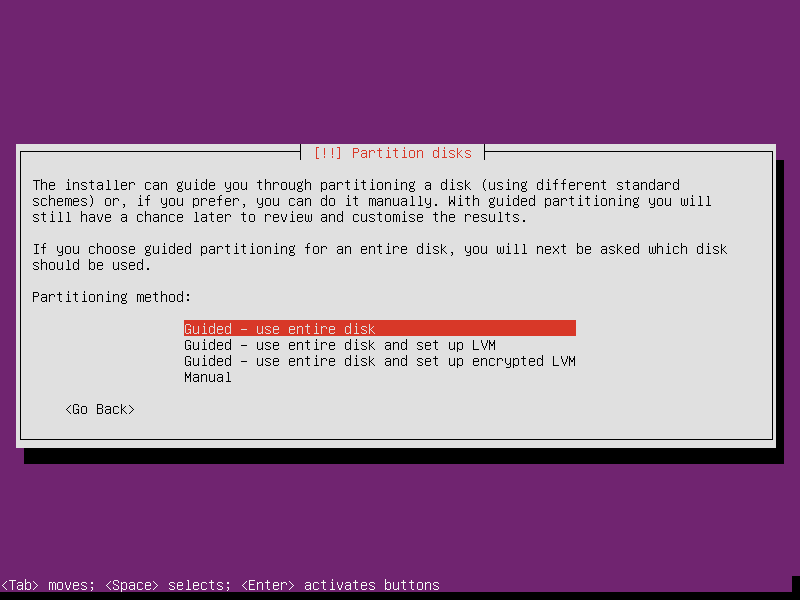 Ubuntu server partitioning screen. Securitron Linux blog.