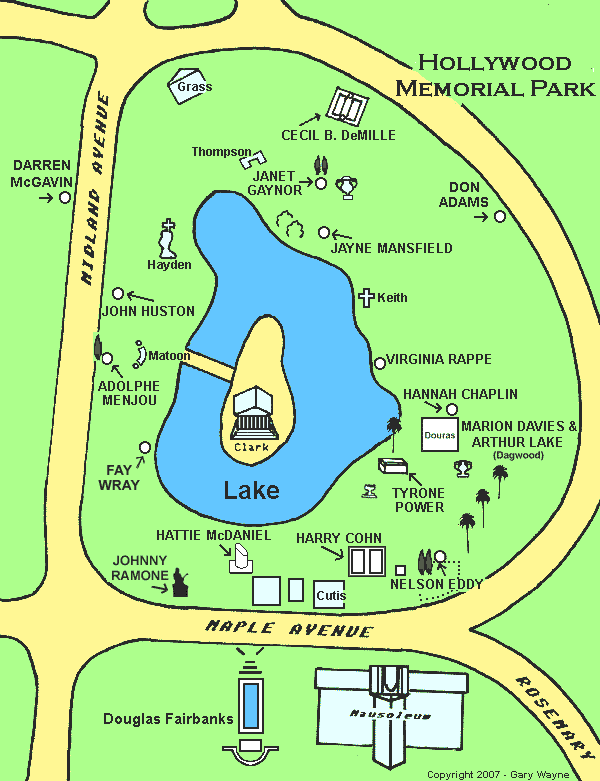 Map of Stars' Graves at Hollywood Memorial Park (Lake Section)