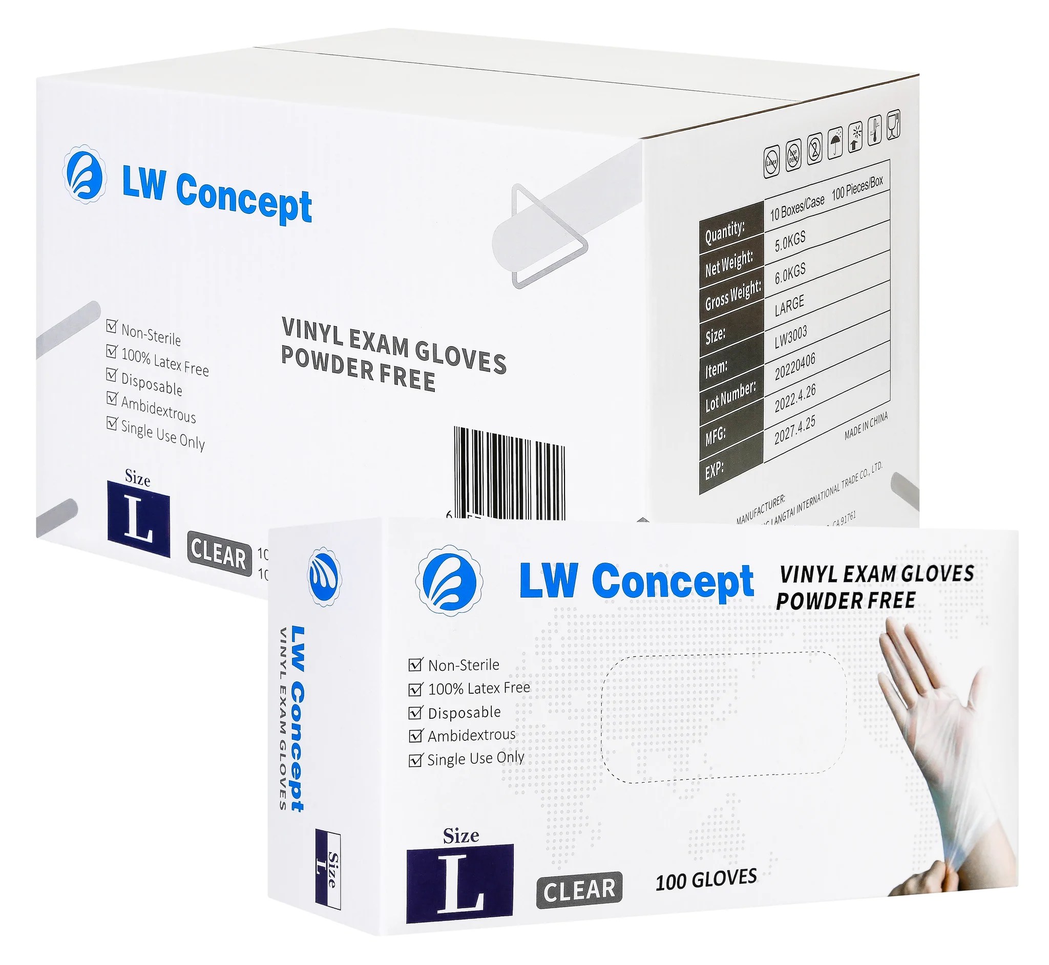 LW Concept Clear Vinyl Exam Gloves, 100Pcs Per Box