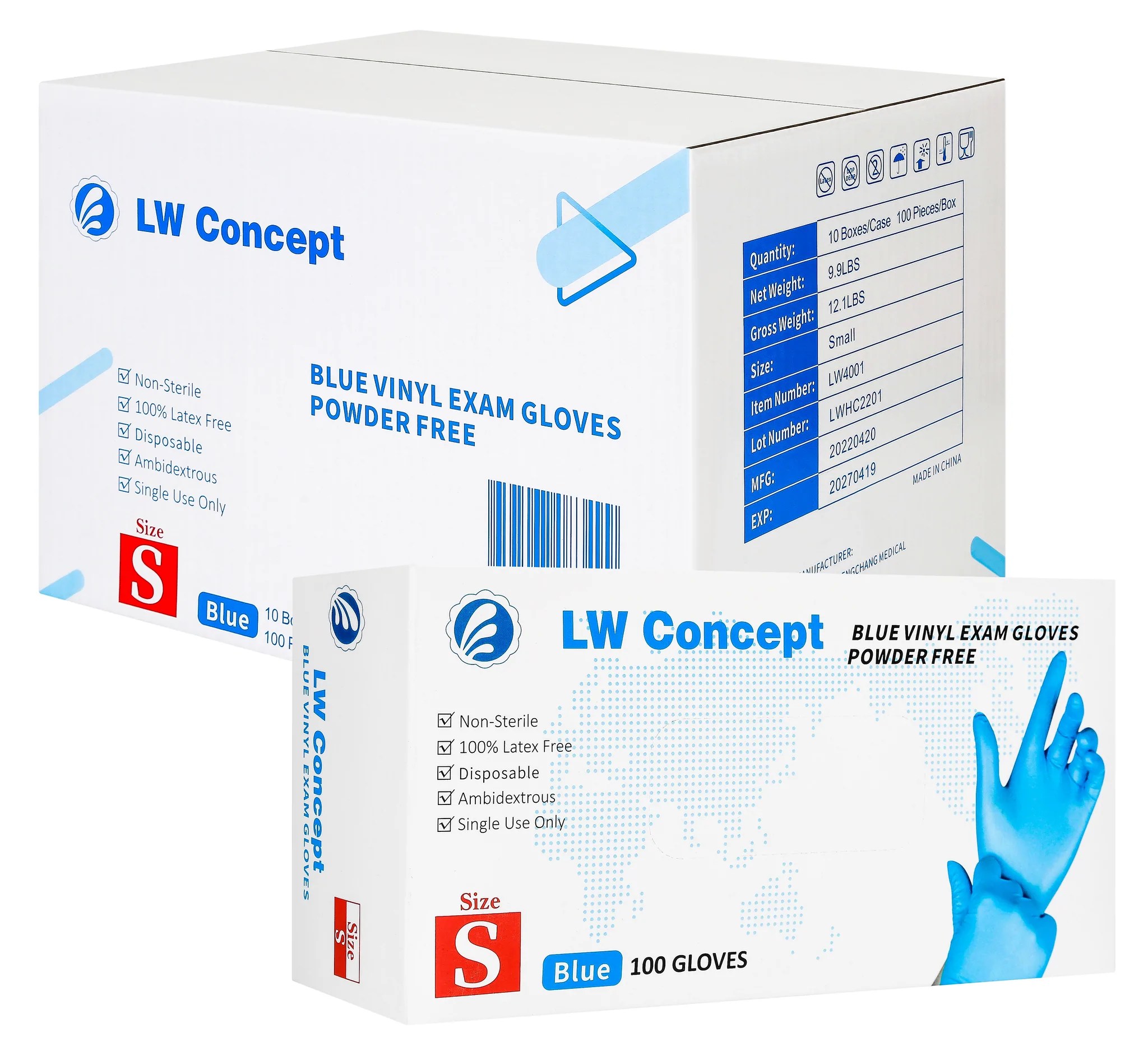 LW Concept Vinyl Blue Exam Gloves, 100Pcs Per Box First