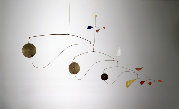 Alexander Calder | Triple Gong, ca. 1948. Brass, sheet metal, wire, and paint, 39 x 75 x 2 3/4 in.