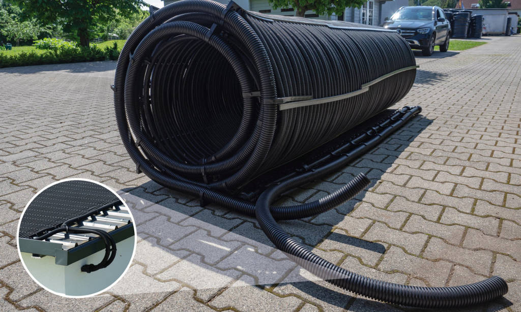 Verwandelt sich in Wirtin Heilige poolheizung mit schwarzen schläuchen