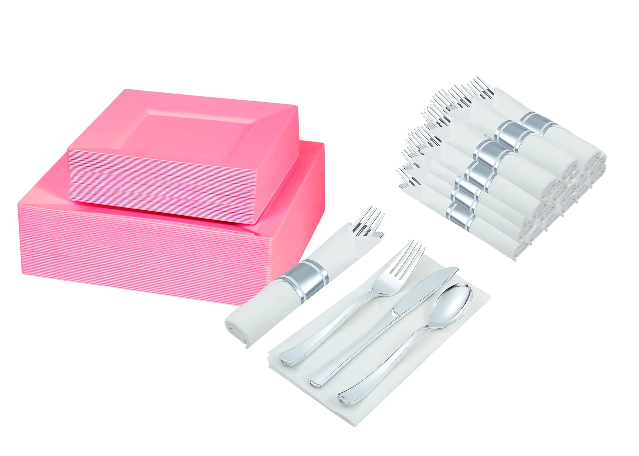 Disposable Dinnerware Set pink square plates, Napkins & Silverware