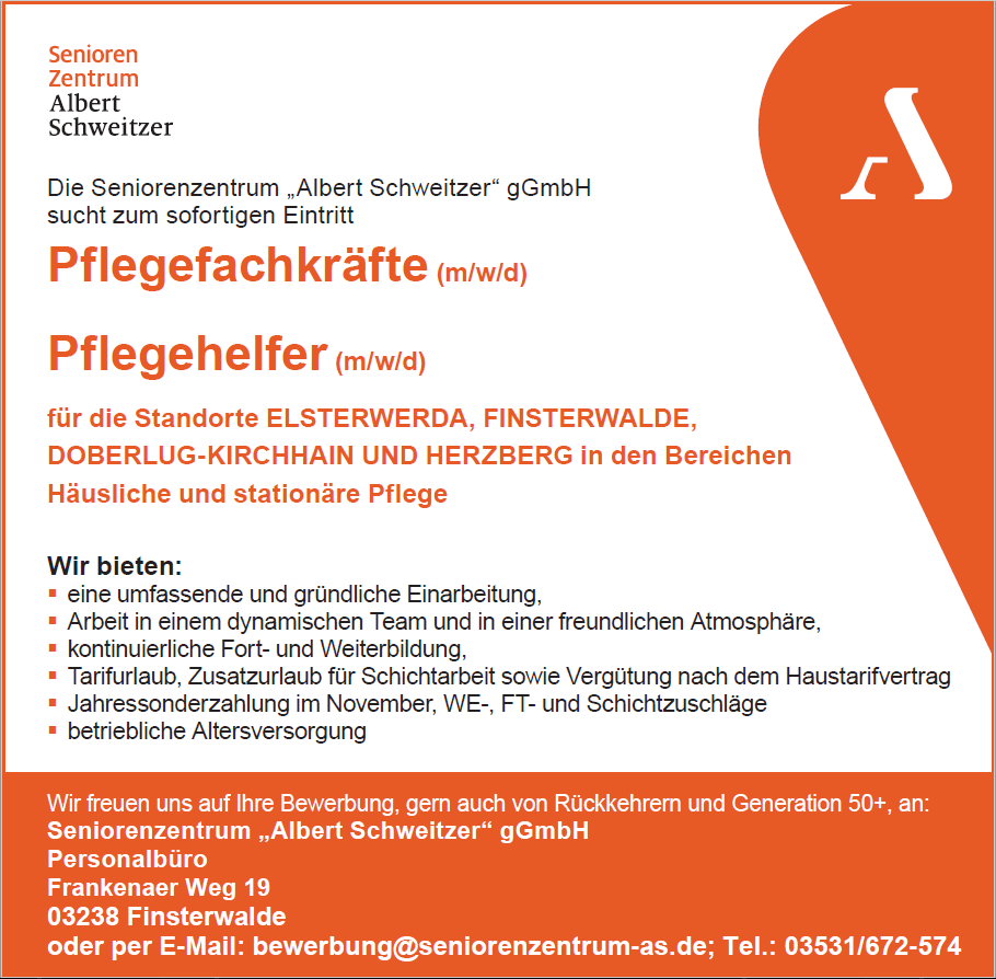 Pflegefachkräfte und Pflegehelfer (m/w/d) Seniorenzentrum Albert