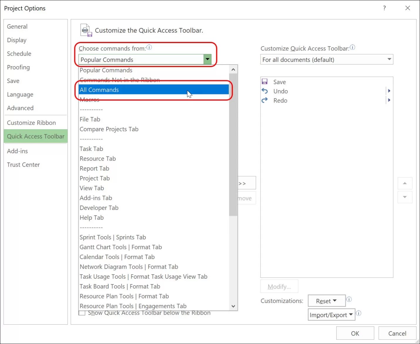 Customize the Quick Access Toolbar in Microsoft Project Sensei