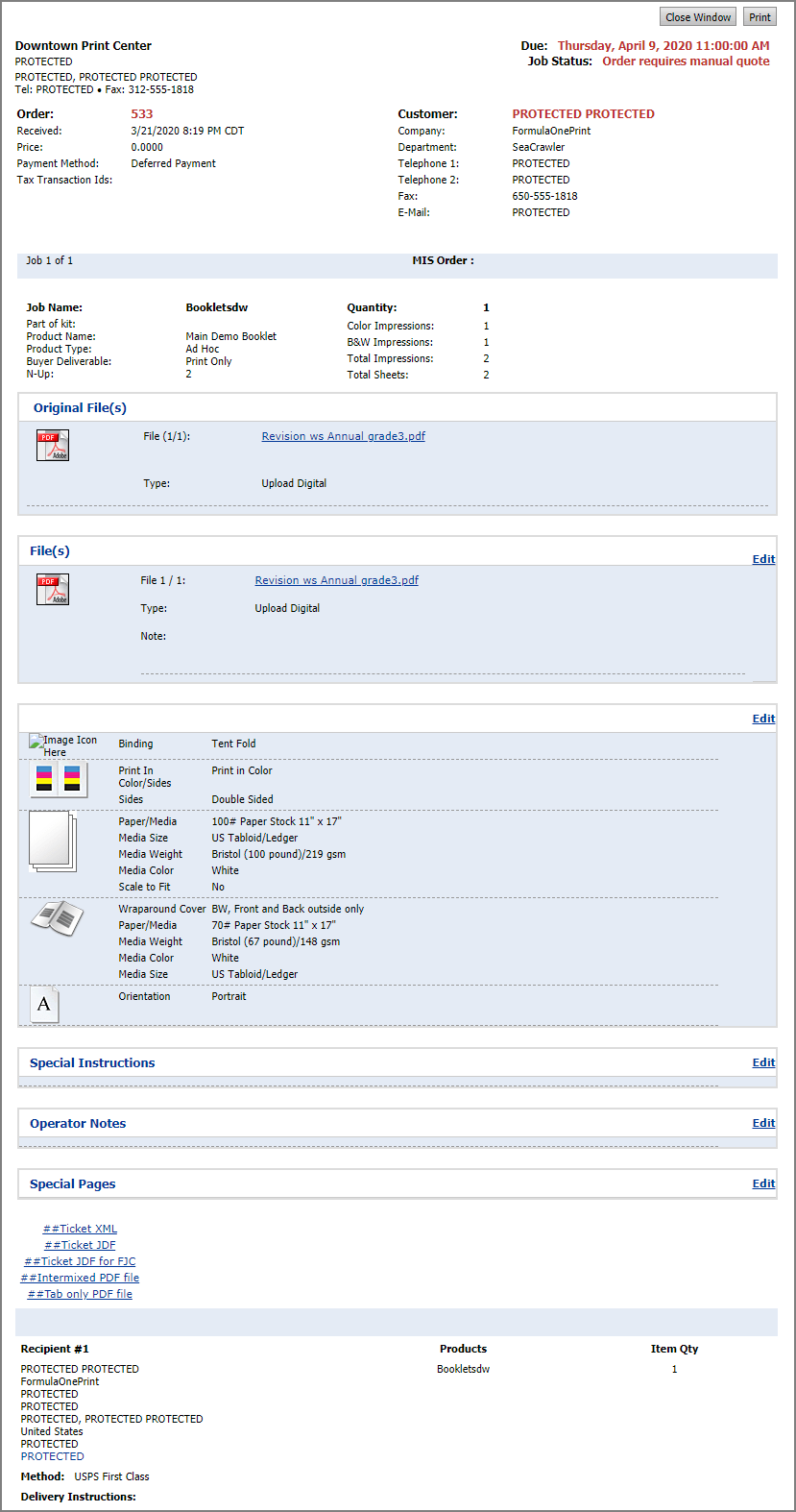 Production Job Ticket