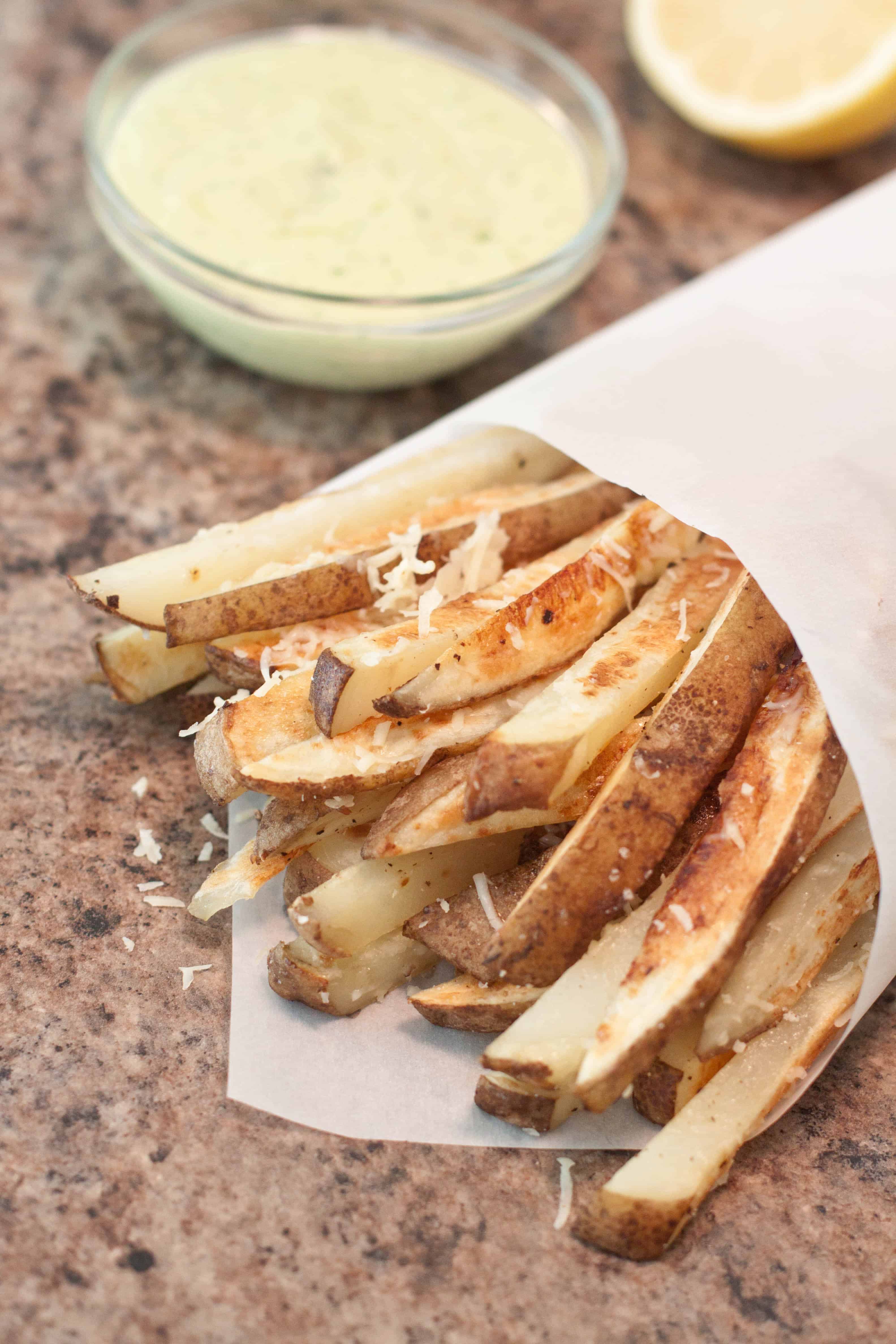 Baked Parmesan Steak Fries and Garlic Aioli Dipping Sauce Served From