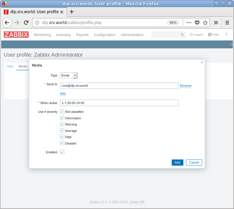 CentOS 7 Zabbix 4.2 Change admin password Server World