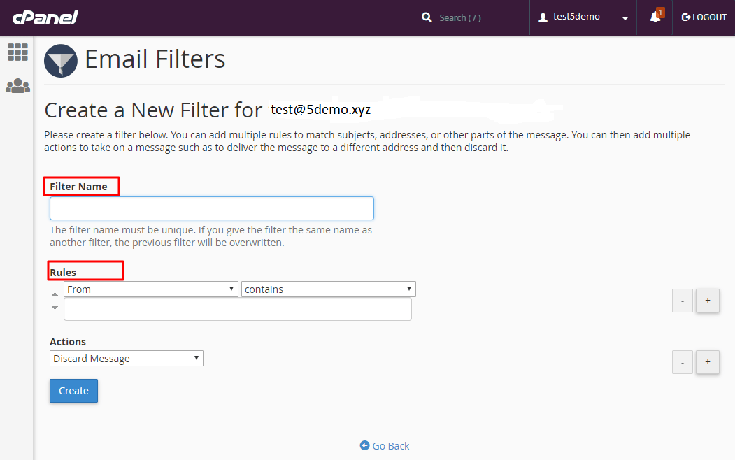 Filter Name and Rules ServerCake