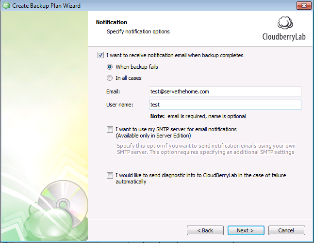 CloudBerry failed backup email notifications ServeTheHome