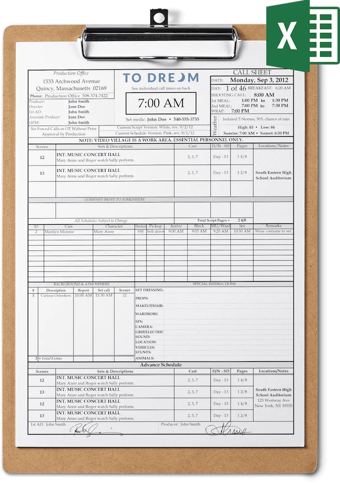 Professional Call Sheet Template for Excel SetHero