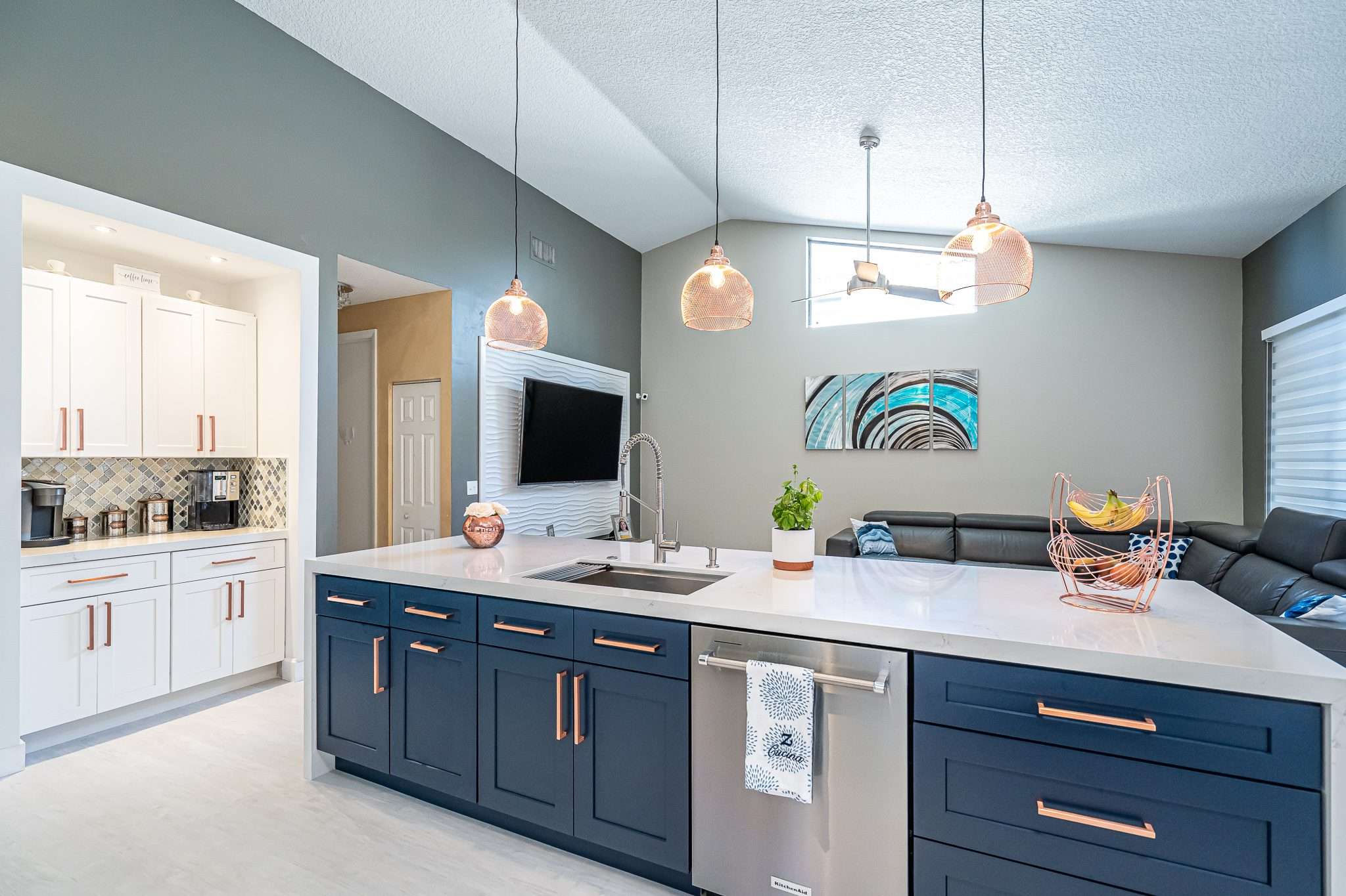 White & Blue Kitchen with Gold Handles Set Kitchens & Decor Set