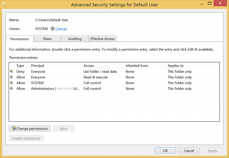 The default security settings of the "Default Folder". Solved Windows