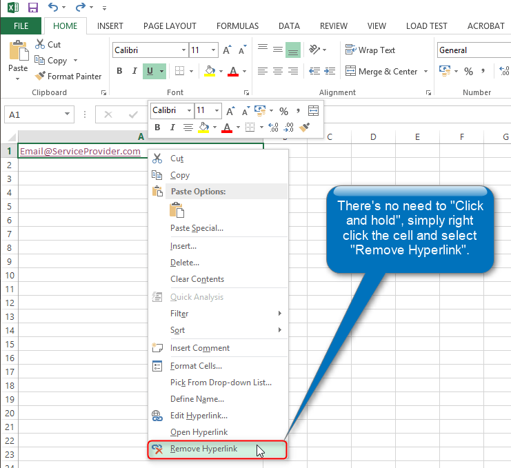 Cant unformat email address hyperlink in Excel the way HELP says I can