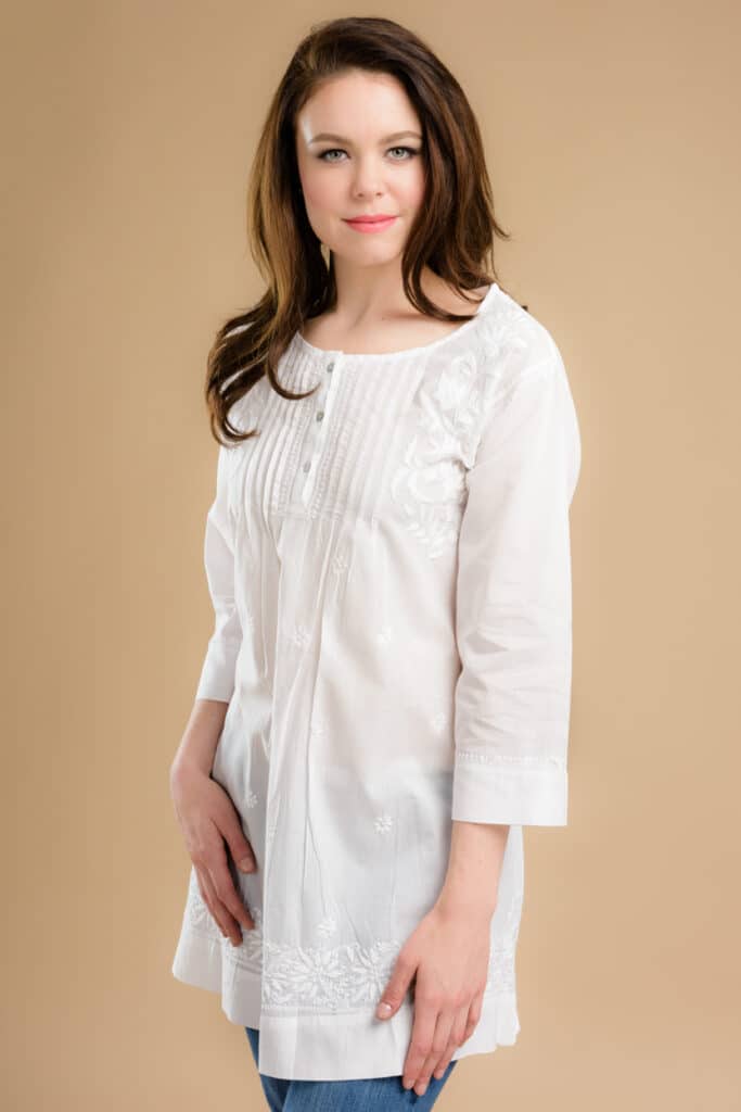 White Cotton Tunic with Embroidery Sevya Fair Trade Clothing Collection