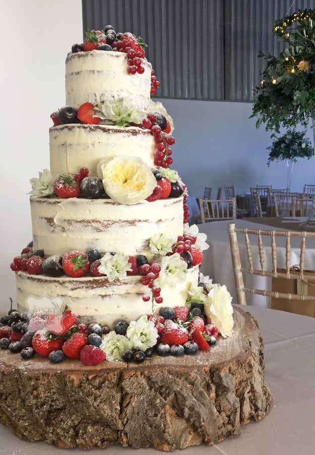 4 Tier Semi Naked Wedding Cake, Coggeshall, Essex Houchins Farm, 7th July 2017 Sticky
